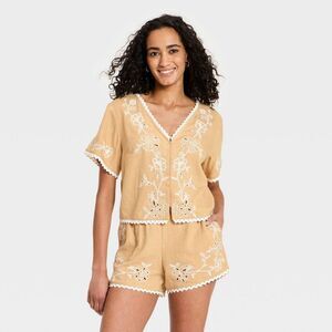 Universal Thread - Women's Short Sleeve Cutwork V-Neck Blouse - Unive Tan